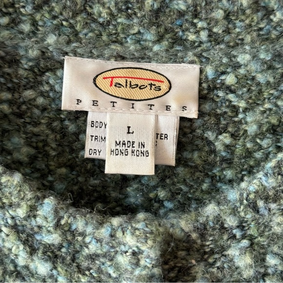 TALBOTS wool blend short cardigan snap-front, olive + aqua green boucle - Picture 4 of 9